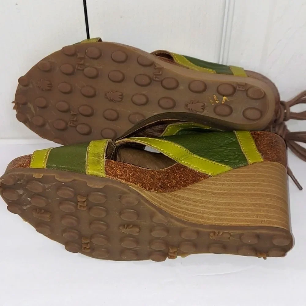 Fly London Luxe Kiwi & Olive Tieback Leather Platform Wedge Sandals Sz 36